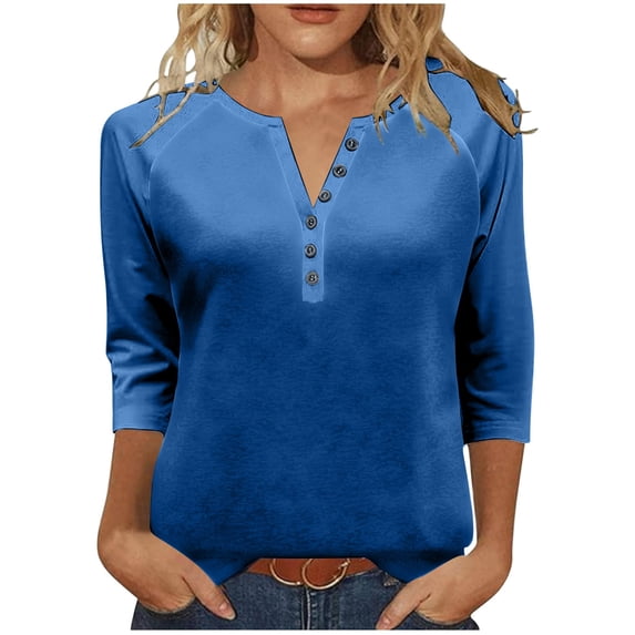 fatyb Women's 3/4 Sleeve Tops V Neck Button T Shirts Casual Solid Color Loose Blouses Tees for Women