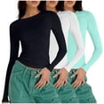 thumbnail image 1 of fatyb Women's 3 Pack Long Sleeve Shirts Crop Crew Neck Slim T Shirts Solid Color Comfy Tight Basic Tee, 1 of 4