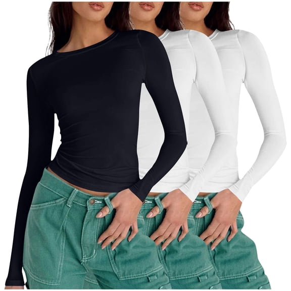 fatyb Women's 3 Pack Long Sleeve Shirts Crop Crew Neck Slim T Shirts Solid Color Comfy Tight Basic Tee