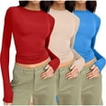 thumbnail image 1 of fatyb Women's 3 Pack Long Sleeve Shirts Crop Crew Neck Slim T Shirts Solid Color Comfy Tight Basic Tee, 1 of 2