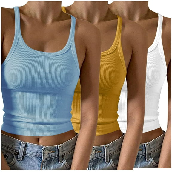 fatyb Women's 3 Pack Ribbed Tank Tops Scoop Neck Spaghetti Strap Cami Shirts Slim Crop Going out Shirts