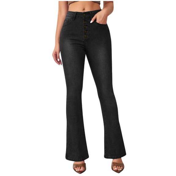 fatyb Women's 70s Flare Jeans Vintage Button down High Waist Bell Bottom Denim Trousers Pants with Pockets