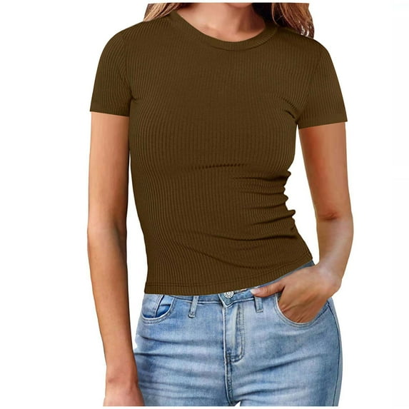 fatyb Women's Basic T Shirts Ribbed High Neck Slim Tee Shirts Short Sleeve Casual Solid Color Tshirts