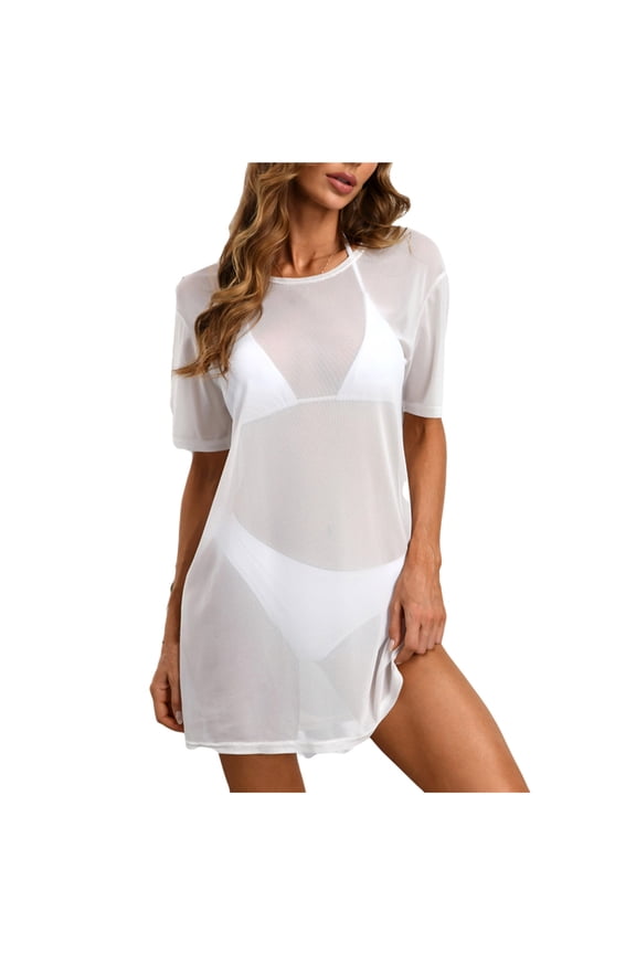 Women's Beach Cover up See Through Swimwear Coverup Summer Mini Bikini Tshirts Dresses for Women
