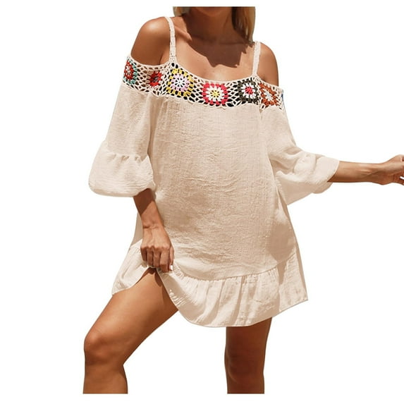 fatyb Women's Boho Beach Cover up Cold Shoulder Bathing Suit Bikini Dress Coverups for Vacation Swim