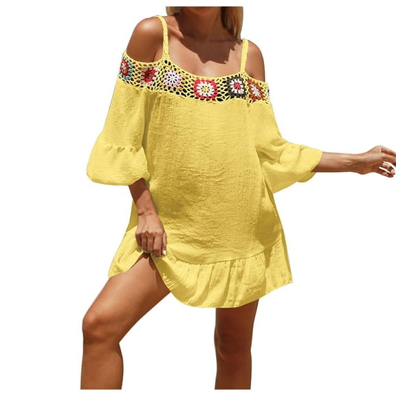 fatyb Women's Boho Beach Cover up Cold Shoulder Bathing Suit Bikini Dress Coverups for Vacation Swim