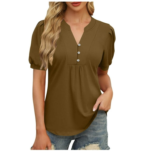 fatyb Women's Button V Neck Tunic Tops Short Sleeve Pleated T Shirts Loose Summer Casual Blouses