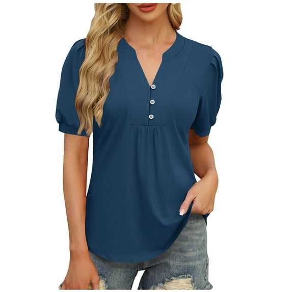 fatyb Women's Button V Neck Tunic Tops Short Sleeve Pleated T Shirts Loose Summer Casual Blouses