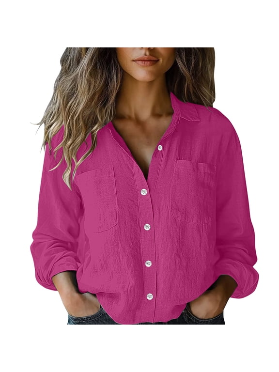 Women's Button down Shirts Casual Long Sleeve Shirts Summer Collar V Neck Blouses with Pockets