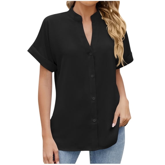 fatyb Women's Button down Shirts Roll up Short Sleeve Casual Shirts V Neck Lightweight Loose Blouses