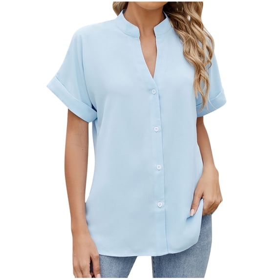 fatyb Women's Button down Shirts Roll up Short Sleeve Casual Shirts V Neck Lightweight Loose Blouses