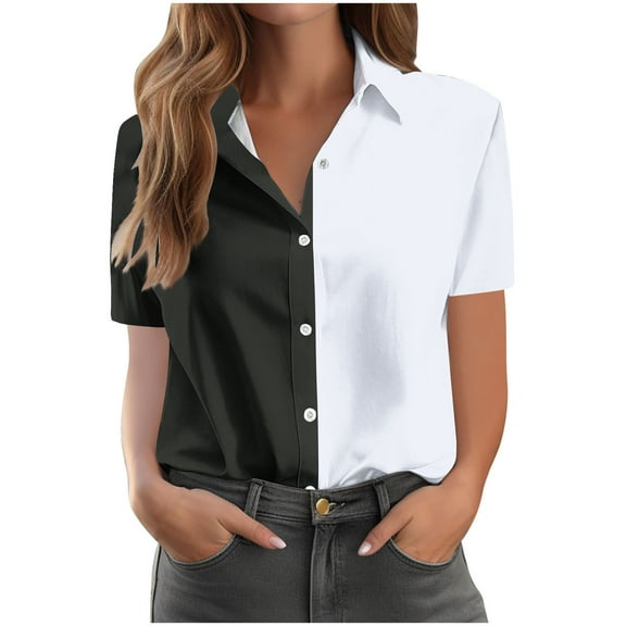 fatyb Women's Button down Shirts Short Sleeve Casual Shirts Summer Beach Vacation Blouses with Collar