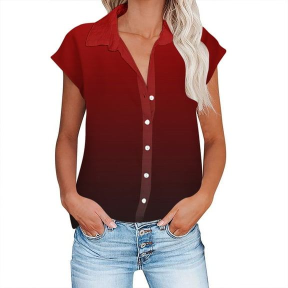 fatyb Women's Cap Sleeve Button down Shirts for Women Collared V Neck Linen Shirt Plain Basic Tops