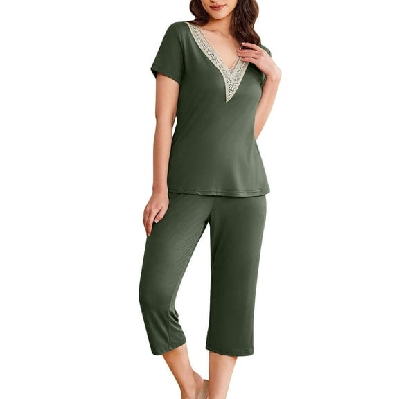 fatyb Women's Capri Pajama Sets Lace V Neck Short Sleeve Tops and Capri Pants Lounge Sets Sleepwear