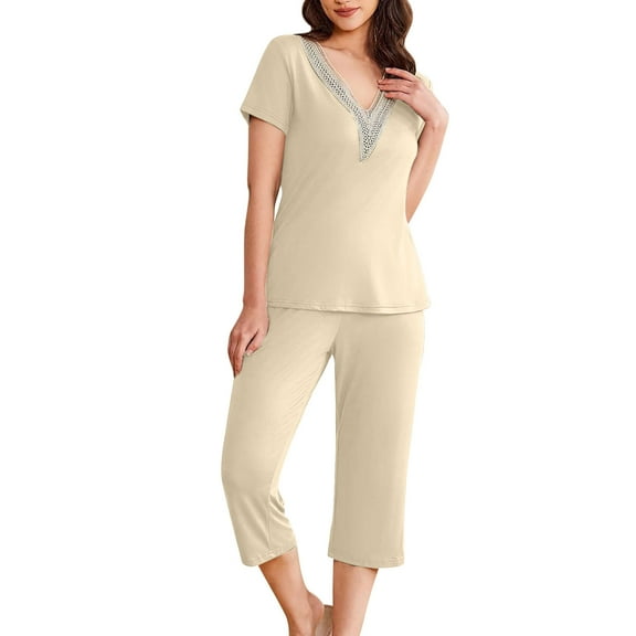 fatyb Women's Capri Pajama Sets Lace V Neck Short Sleeve Tops and Capri Pants Lounge Sets Sleepwear