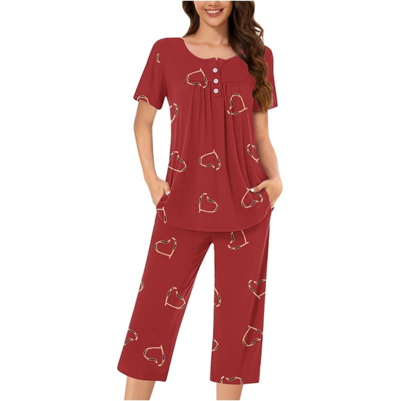 fatyb Women's Capri Pajama Sets Summer Comfy Short Sleeve Tops and Capris Pants Pjs Sleepwear with Pockets