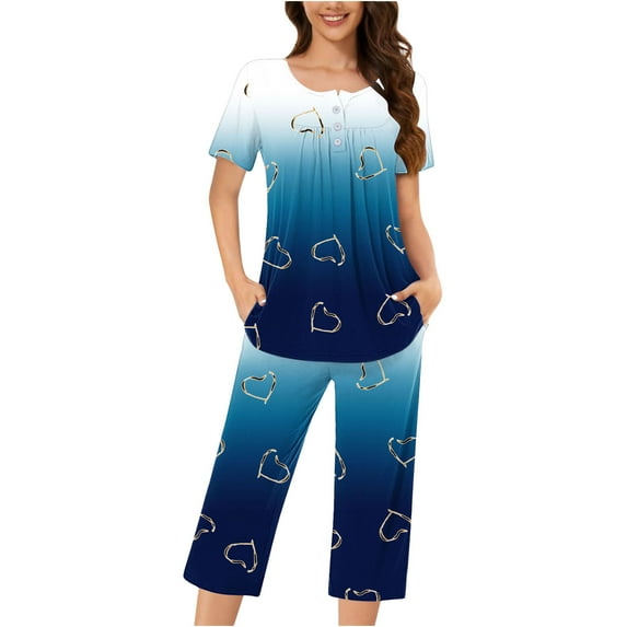 fatyb Women's Capri Pajama Sets Summer Comfy Short Sleeve Tops and Capris Pants Pjs Sleepwear with Pockets