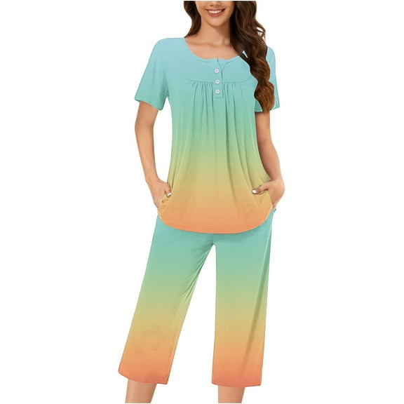 fatyb Women's Capri Pajama Sets Summer Comfy Short Sleeve Tops and Capris Pants Pjs Sleepwear with Pockets