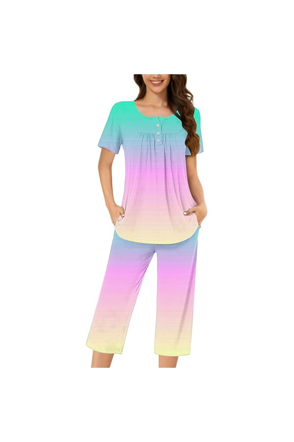 Women's Capri Pajama Sets Summer Comfy Short Sleeve Tops and Capris Pants Pjs Sleepwear with Pockets