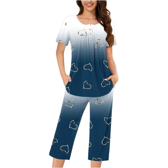 fatyb Women's Capri Pajama Sets Summer Comfy Short Sleeve Tops and Capris Pants Pjs Sleepwear with Pockets