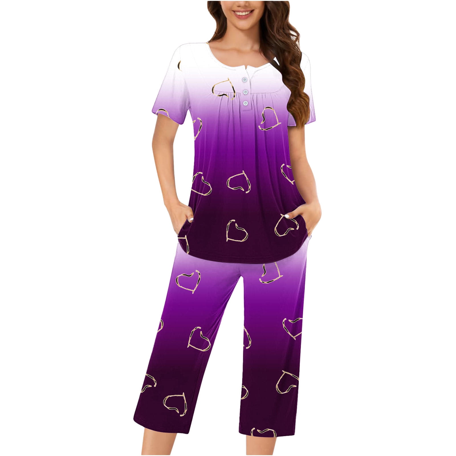 YIJIU Women's Cute Cat Pajama Set - Short Sleeve Top & Capri Pants, Purple Print, X-Large