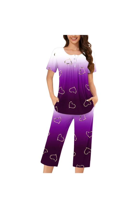Women's Capri Pajama Sets Summer Comfy Short Sleeve Tops and Capris Pants Pjs Sleepwear with Pockets