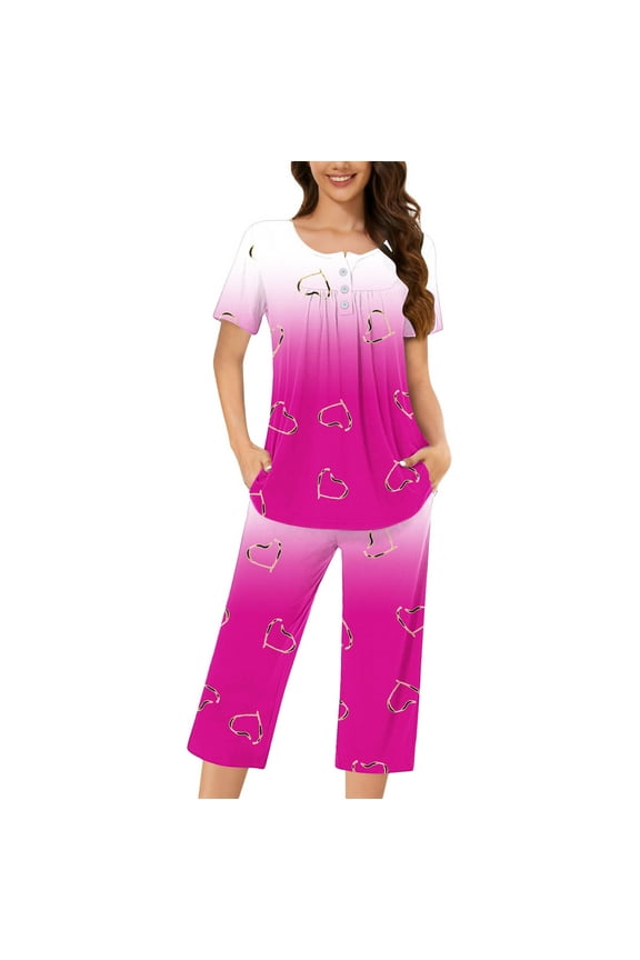 Women's Capri Pajama Sets Summer Comfy Short Sleeve Tops and Capris Pants Pjs Sleepwear with Pockets