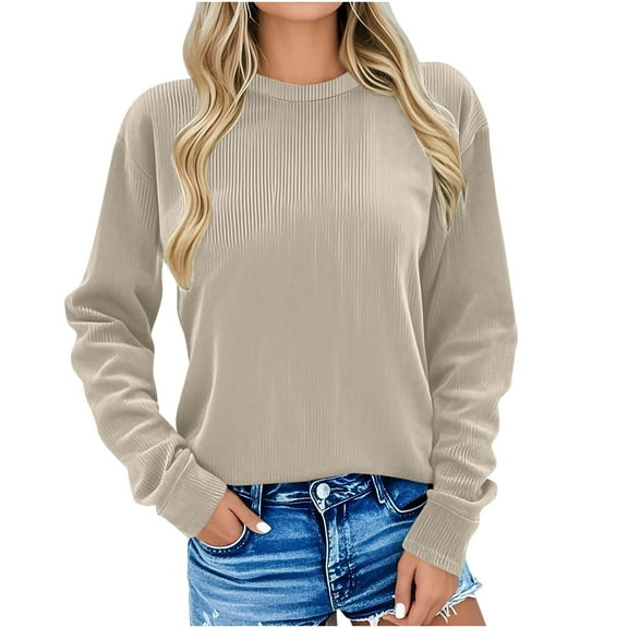 fatyb Women's Casual Corduroy Sweatshirts Crew Neck Loose Pullover Long Sleeve Womens Solid Color Tops