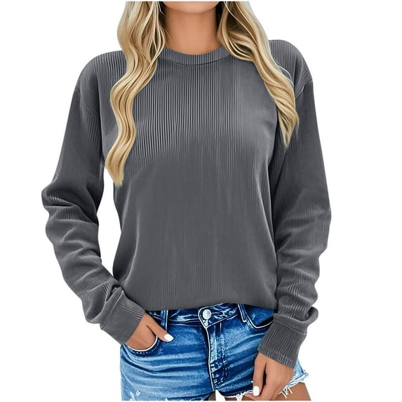 fatyb Women's Casual Corduroy Sweatshirts Crew Neck Loose Pullover Long Sleeve Womens Solid Color Tops