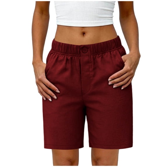 fatyb Women's Casual Long Shorts Elastic Waist Knee Length Lightweight Straight Leg Shorts with Pockets
