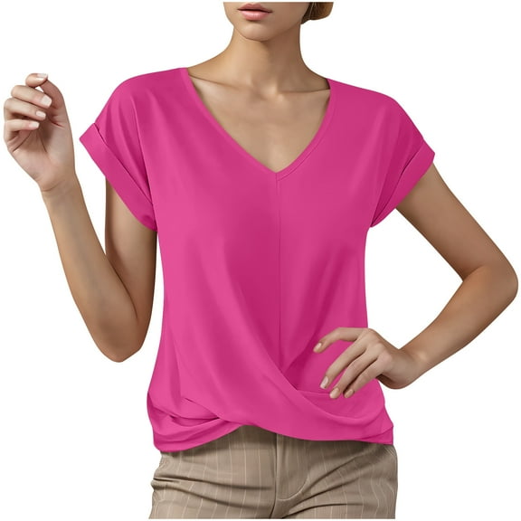 fatyb Women's Casual Shirts Twist Front V-Neck Short Sleeve Tshirts Solid Color Loose Fashion Blouses