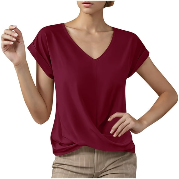 fatyb Women's Casual Shirts Twist Front V-Neck Short Sleeve Tshirts Solid Color Loose Fashion Blouses