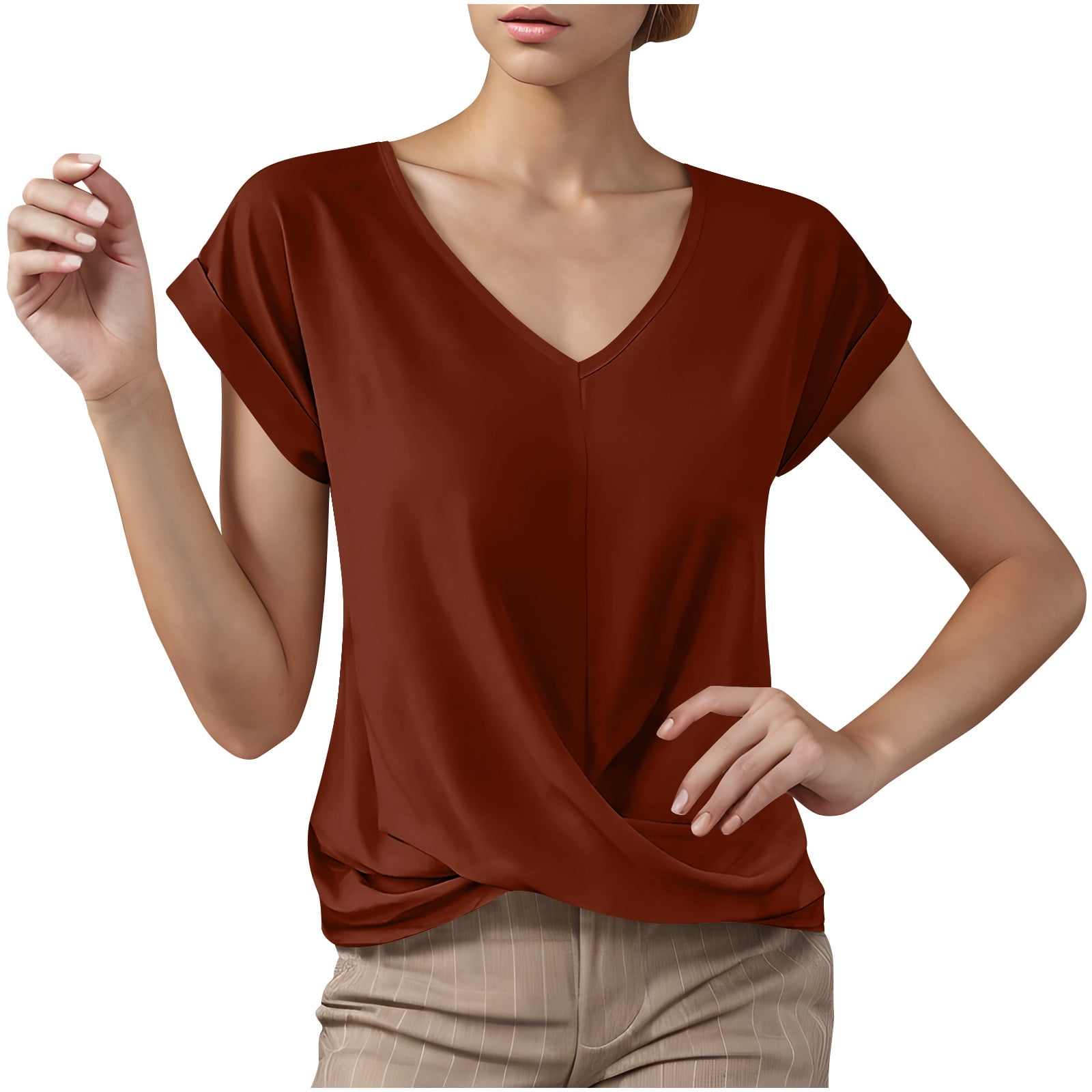 fatyb Women's Casual Shirts Twist Front V-Neck Short Sleeve Tshirts ...