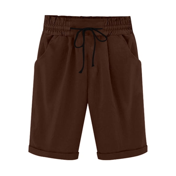 fatyb Women's Casual Shorts Elastic Waist Knee Length Shorts Solid Color Drawstring Shorts with Pockets