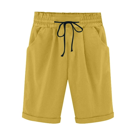 fatyb Women's Casual Shorts Elastic Waist Knee Length Shorts Solid Color Drawstring Shorts with Pockets