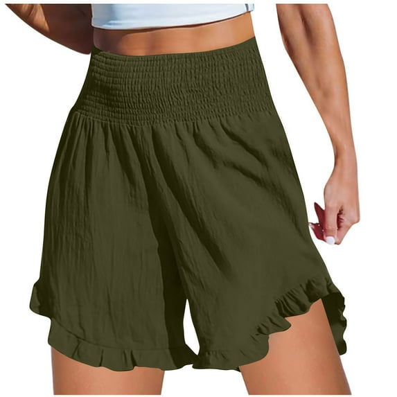 fatyb Women's Casual Shorts Smocked High Waist Wide Leg Shorts Ruffle Hem Loose Summer Beach Shorts