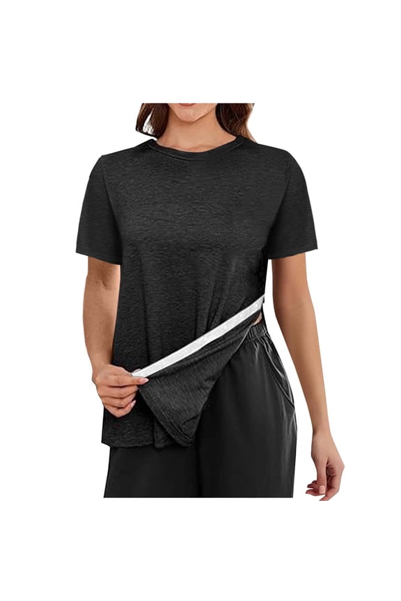 Women's Casual T Shirts Open Side Short Sleeve Shirts Round Neck Loose Summer Tops with Button