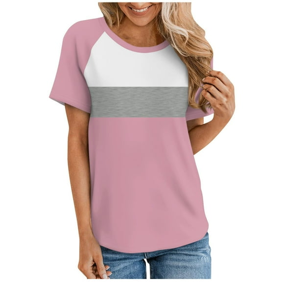 fatyb Women's Casual T-Shirts Round Neck Color Block T Shirts Loose Short Sleeve Summer Basic Tee Tops