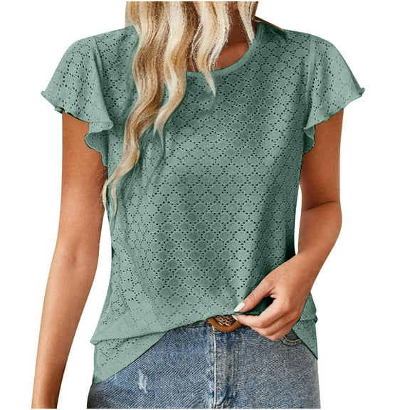 fatyb Women's Casual Tops Ruffle Short Sleeve Dressy Blouses Round Neck Lightweight Beach Tee Shirts