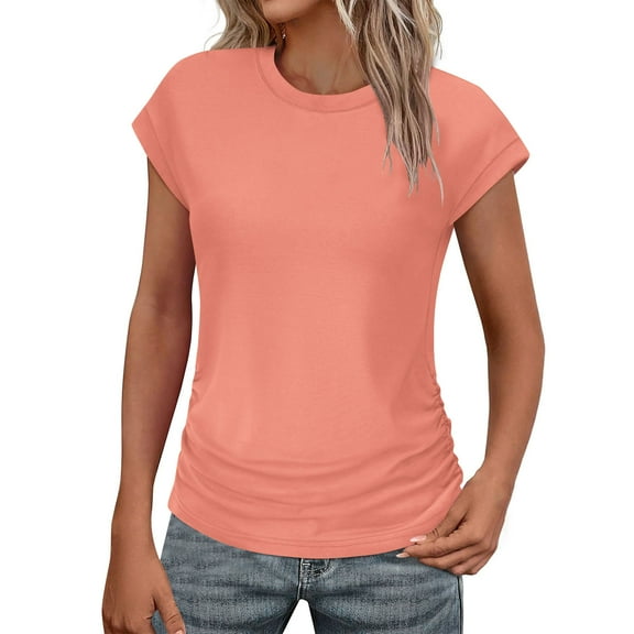 fatyb Women's Casual Tops Summer Cap Short Sleeve Tshirts Crew Neck Solid Color Loose Womens Basic Tee