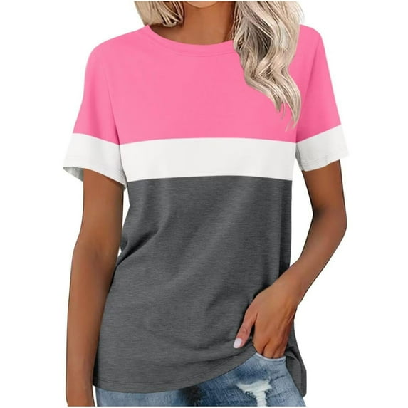 fatyb Women's Color Block T-Shirts Short Sleeve Crew Neck Casual Tee Loose Summer Womens Fashion Tops