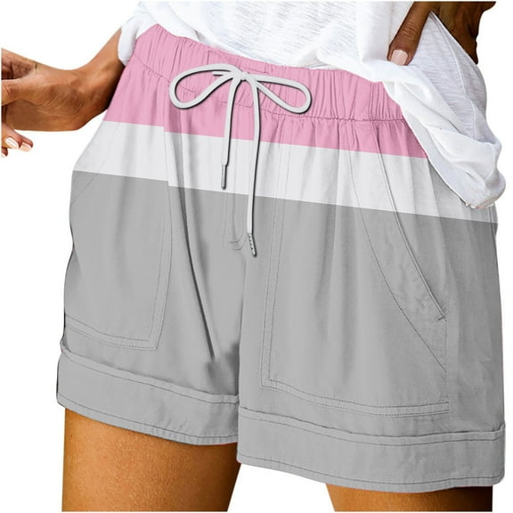 fatyb Women's Colorblock Shorts Summer Drawstring Beach Shorts Loose Vacation Casual Shorts for Women