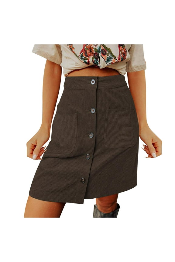 Women's Corduroy Skirts Button down High Waisted Skirts Summer A-Line Wrap Skirt with Pockets