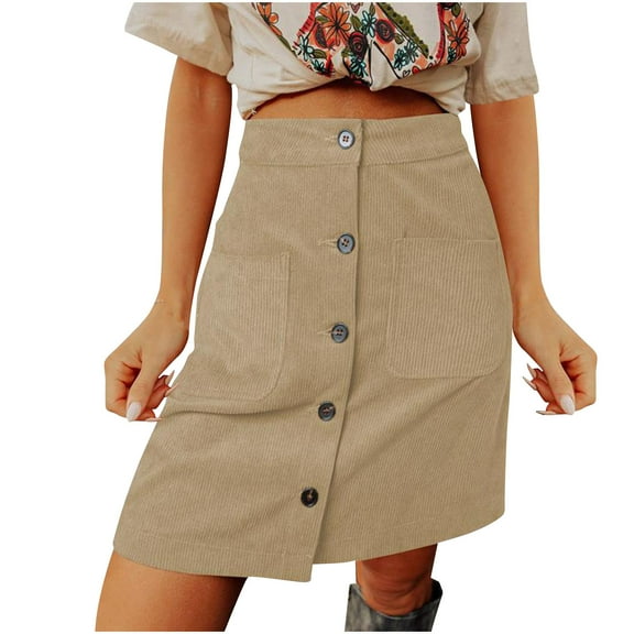 fatyb Women's Corduroy Skirts Button down High Waisted Skirts Summer A-Line Wrap Skirt with Pockets