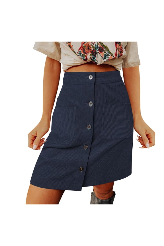 Women's Corduroy Skirts Button down High Waisted Skirts Summer A-Line Wrap Skirt with Pockets