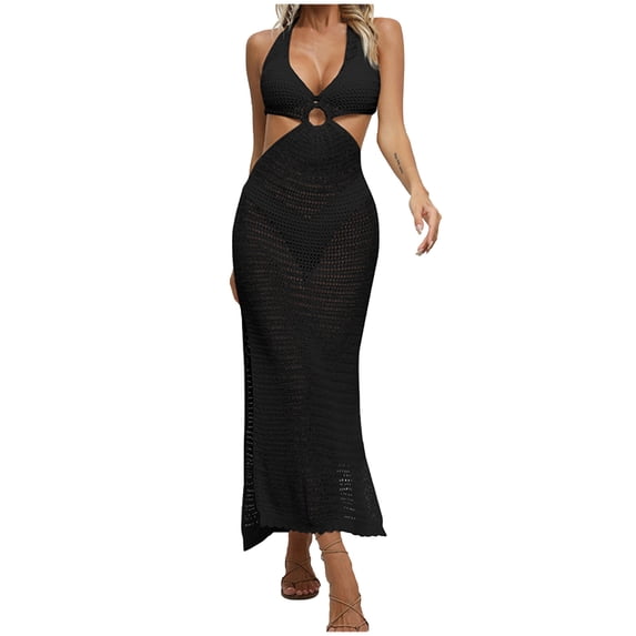 fatyb Women's Crochet Bathing Suit Coverup Wrap V Neck Cover up Bikini Wear Cut out Backless Beach Dress