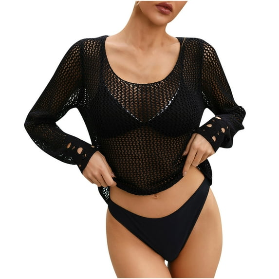 fatyb Women's Crochet Tops Cover up Mesh Long Sleeve Beach Cover up Knit Bikini Bathing Suit Pullover