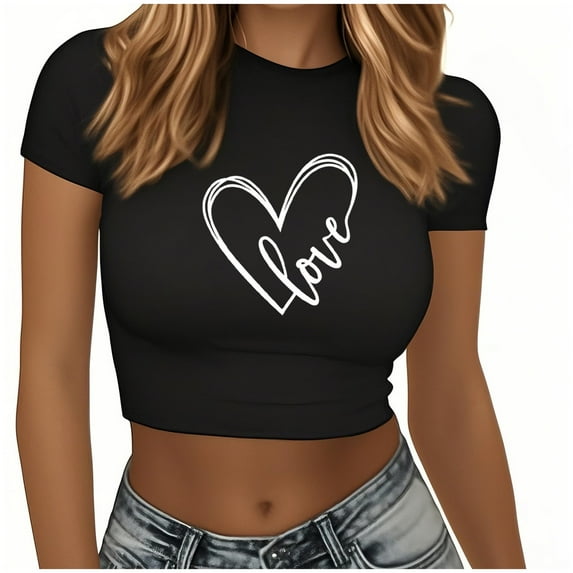 fatyb Women's Crop Graphic Tees Short Sleeve Print Slim Tops Round Neck Casual Womens Summer T-Shirts