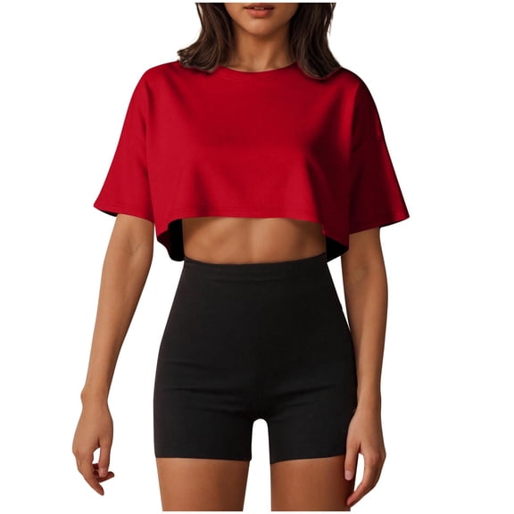 fatyb Women's Crop T-Shirts Short Sleeve Crew Neck Basic Tee Plain Loose Summer Casual Tops for Women