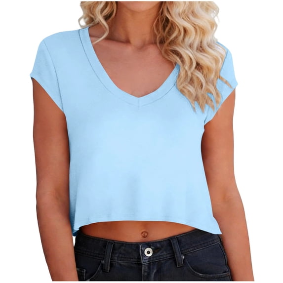 fatyb Women's Crop Tops Summer V Neck Basic Tees for Women Short Sleeve Casual Plain Loose T Shirts
